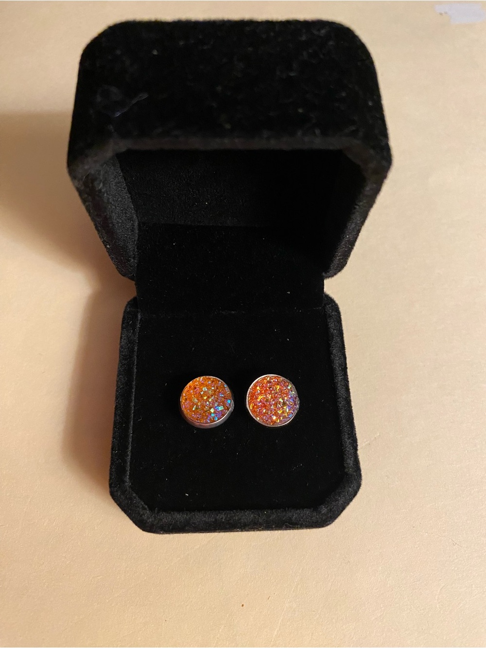 Orange Druzy Round Stud Earrings W/Giftbox
